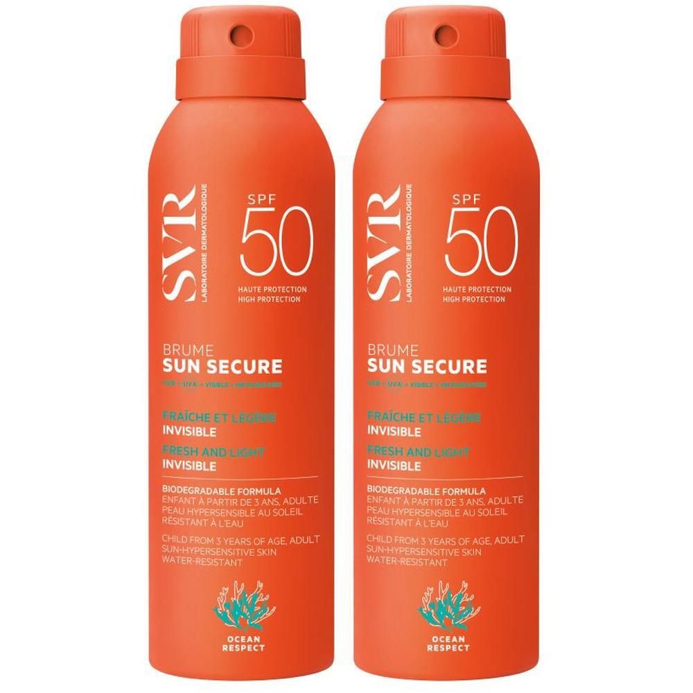 Deux sprays oranges avec bouchon rouge. Inscription: SVR, SPF 50, Sun Secure Brume. Texte en français et anglais.