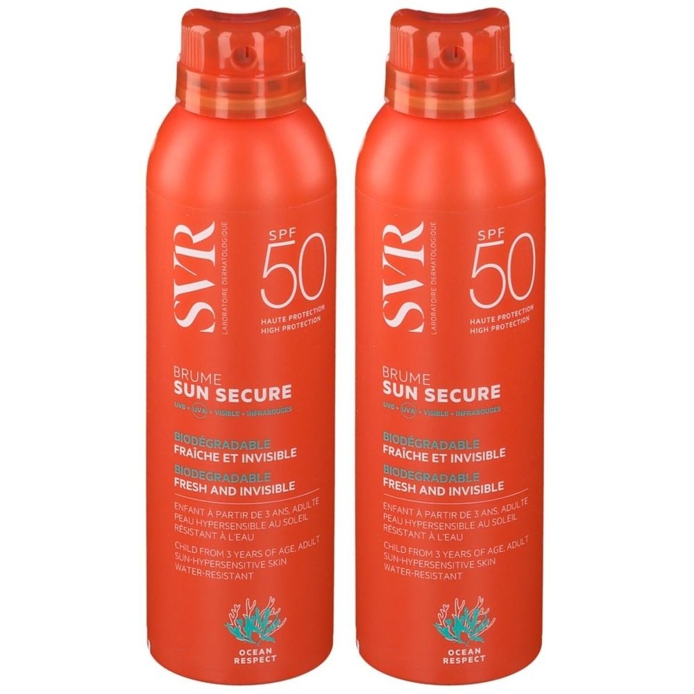 Deux flacons de brume solaire orange SVR Sun Secure SPF50. Convient aux enfants à partir de 3 ans et aux adultes. Résistant à l'eau.