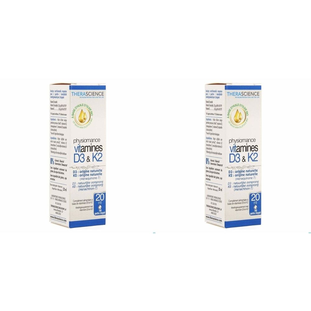 Deux boîtes blanches PHYSIOMANCE Vitamines D3 & K2. Marque THERASCIENCE. Contenance 20 ml.