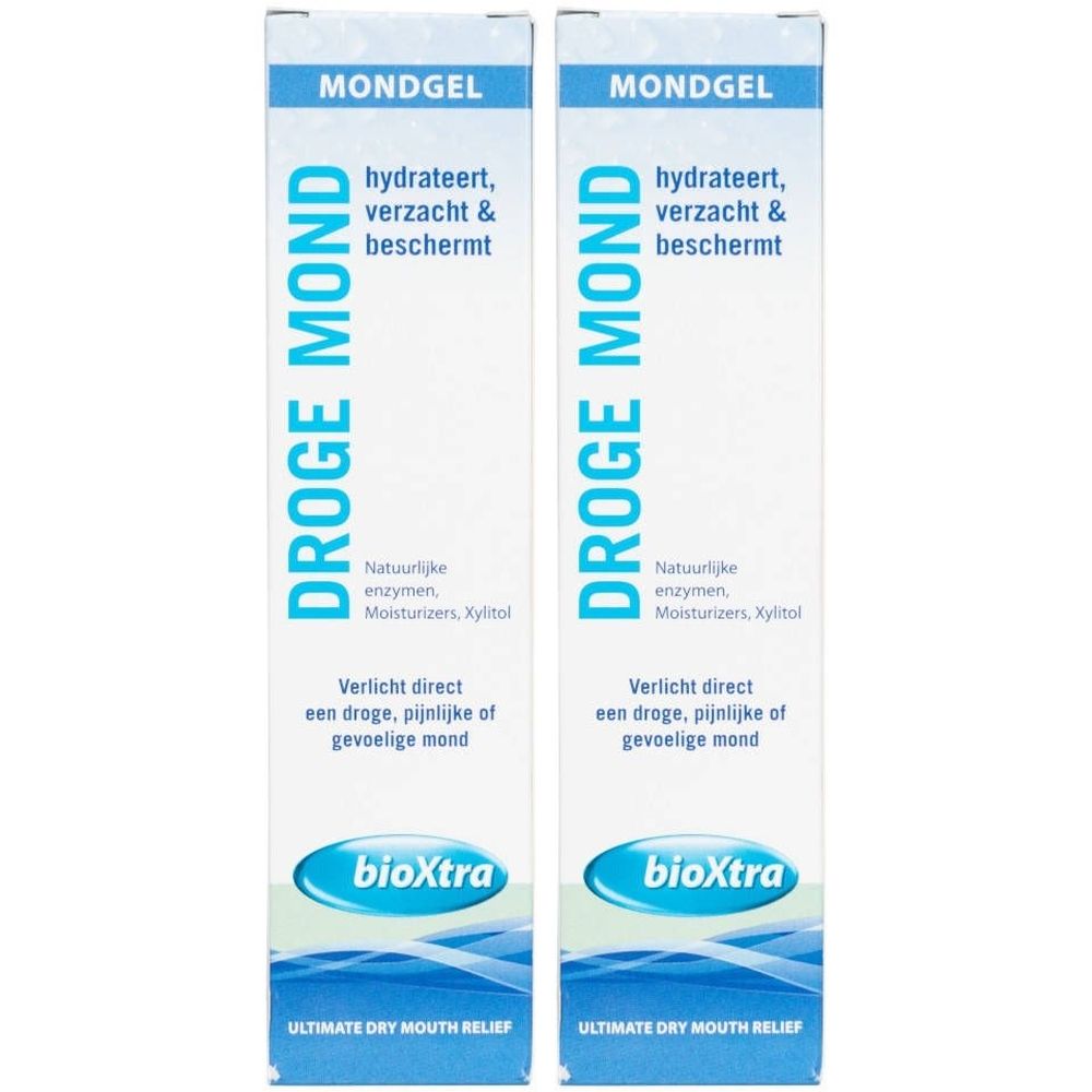 Deux tubes de gel buccal. Inscription: DROGE MOND, bioXtra. Texte: hydrateert, verzacht & beschermt.