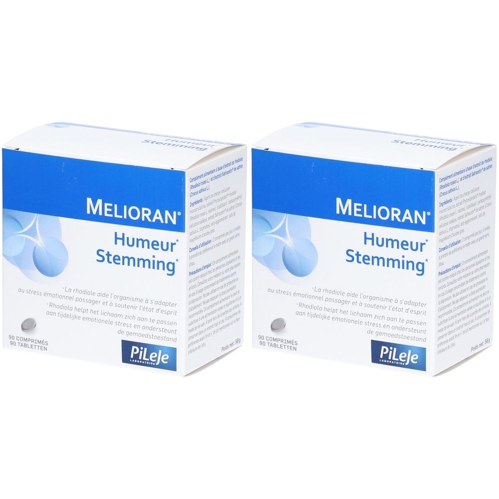Deux boîtes blanches avec texte bleu. Inscription: MELIORAN Humeur Stemming. Marque Pileje. 60 comprimés.