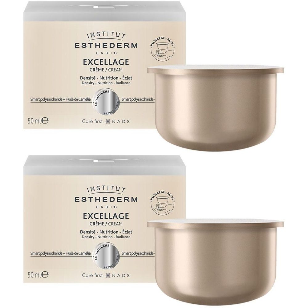 Deux pots de crème et emballages. Sur les emballages, on lit INSTITUT ESTHEDERM, EXCELLAGE CRÈME/CREAM. Aucun texte visible sur les pots.