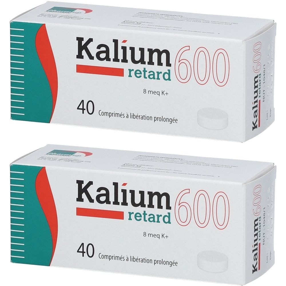 Deux boîtes de Kalium retard 600. Chaque boîte contient 40 comprimés à libération prolongée.