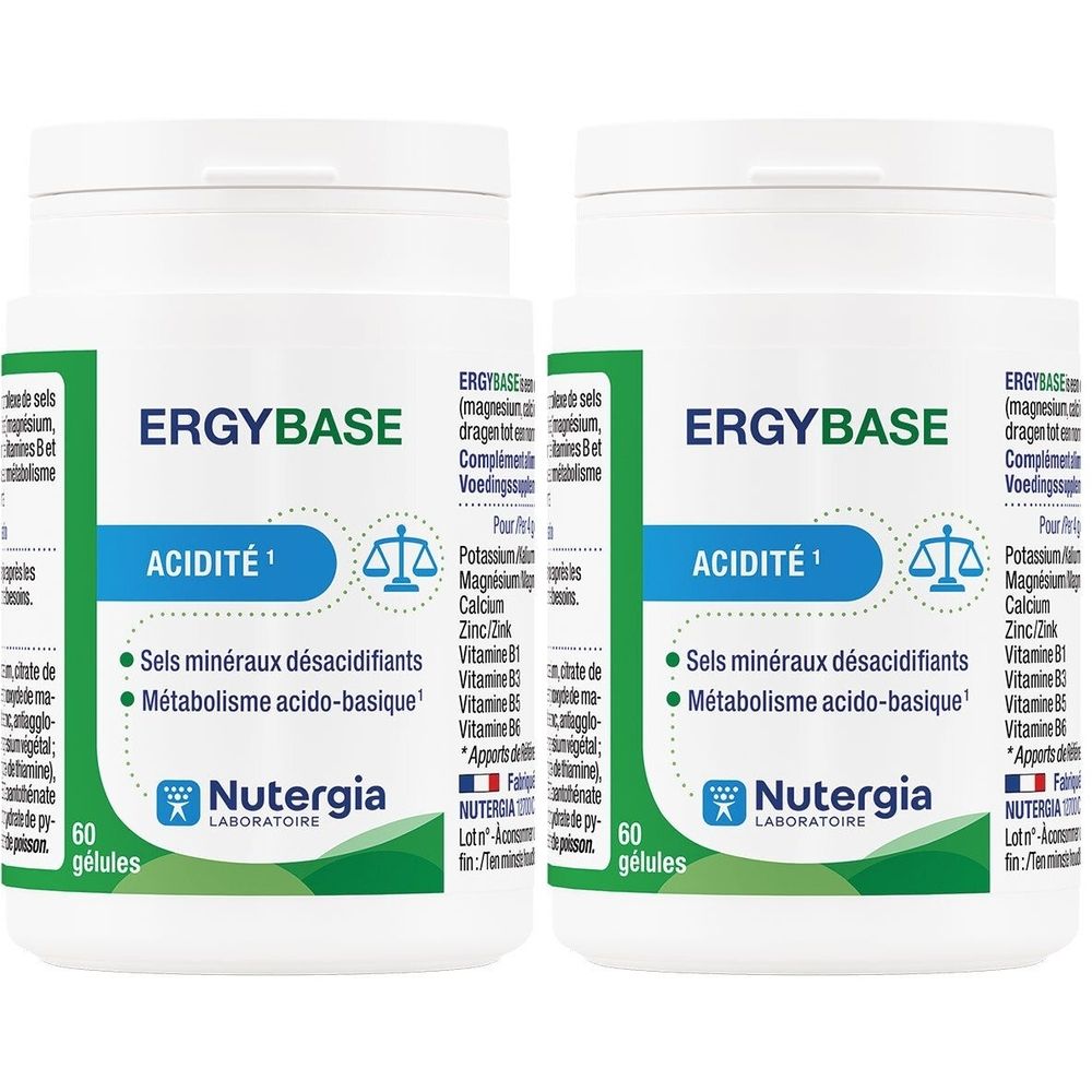 Deux flacons blancs avec étiquette verte. Inscription Ergybase, Acidité, Nutergia Laboratoire. 60 gélules.