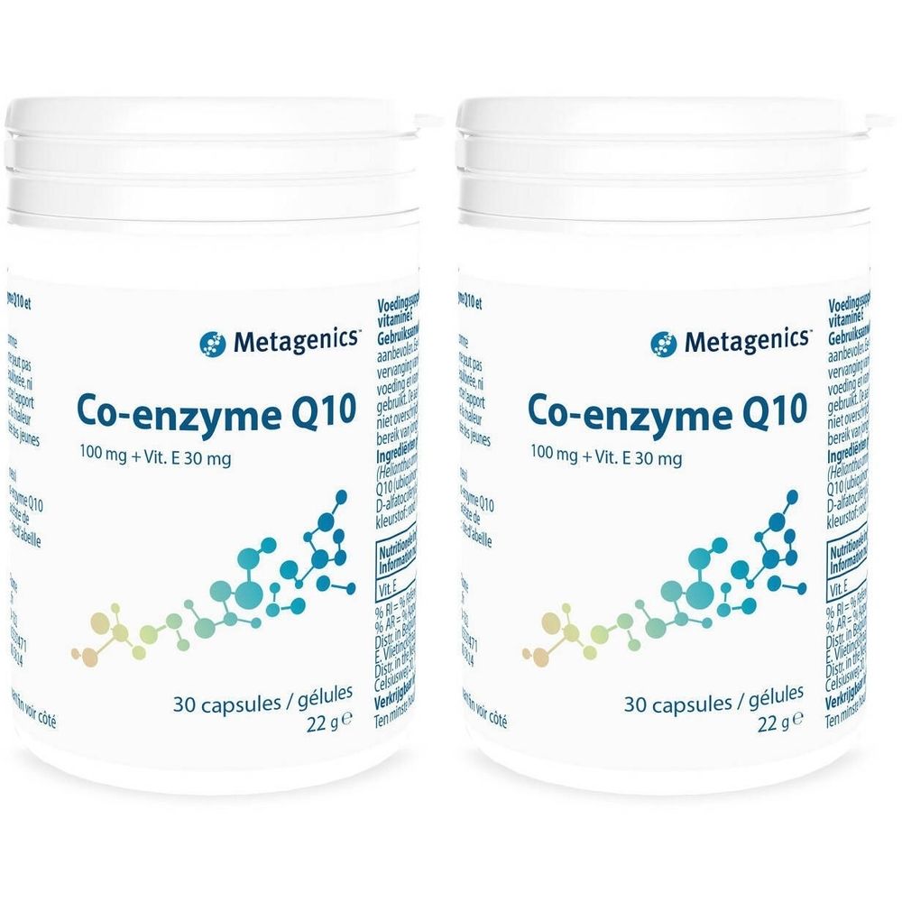 Deux boîtes blanches avec étiquettes. L'étiquette indique "Metagenics Co-enzyme Q10 100 mg + Vit. E 30 mg".