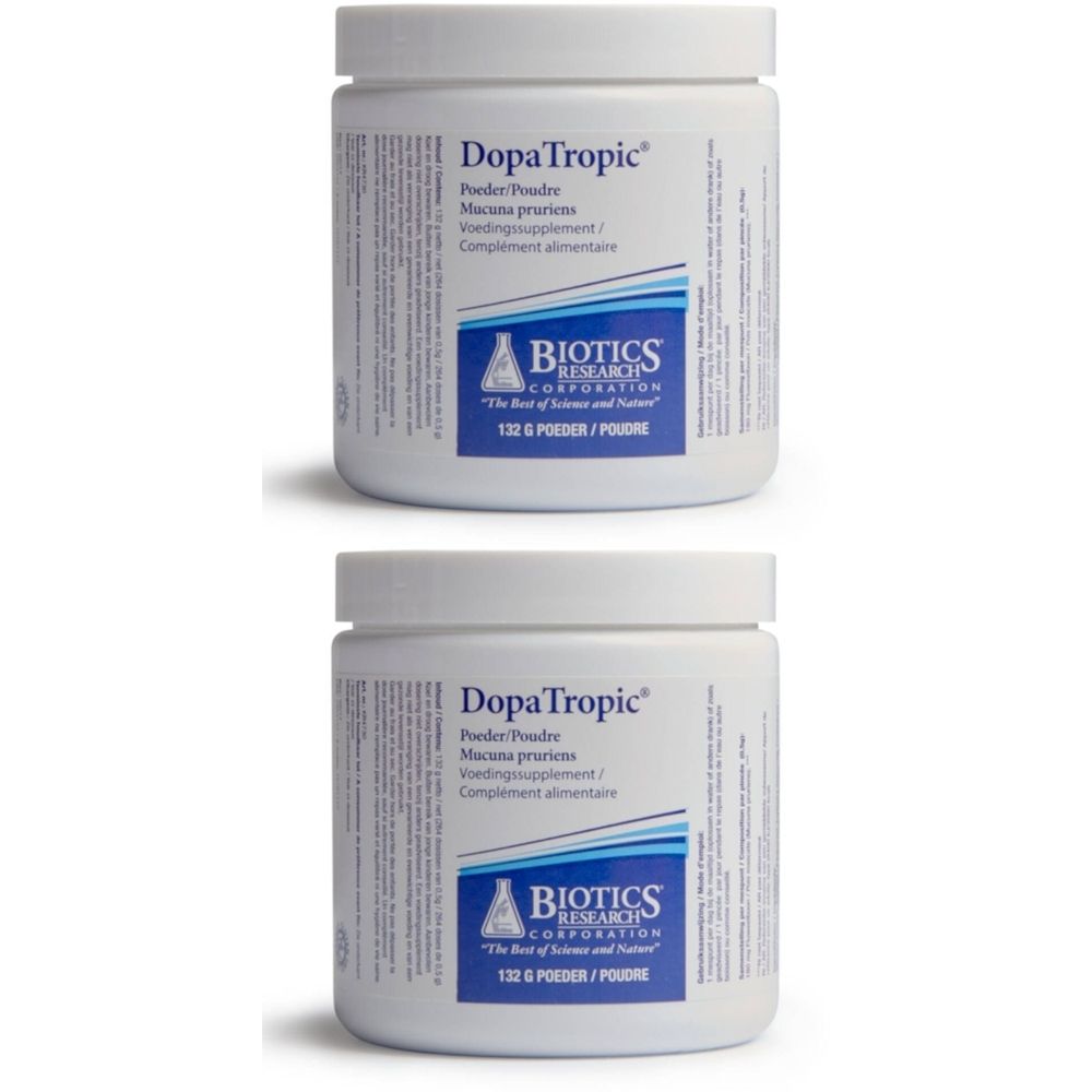 Deux pots blancs DopaTropic. Inscription: Biotics Research Corporation. 132 G POEDER/POUDRE.