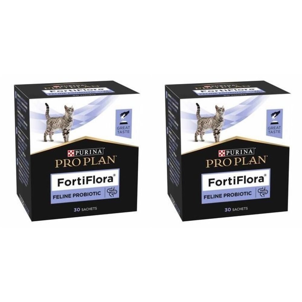Deux boîtes de "PURINA PRO PLAN FortiFlora Feline Probiotic". Emballage noir avec chat et nom du produit.