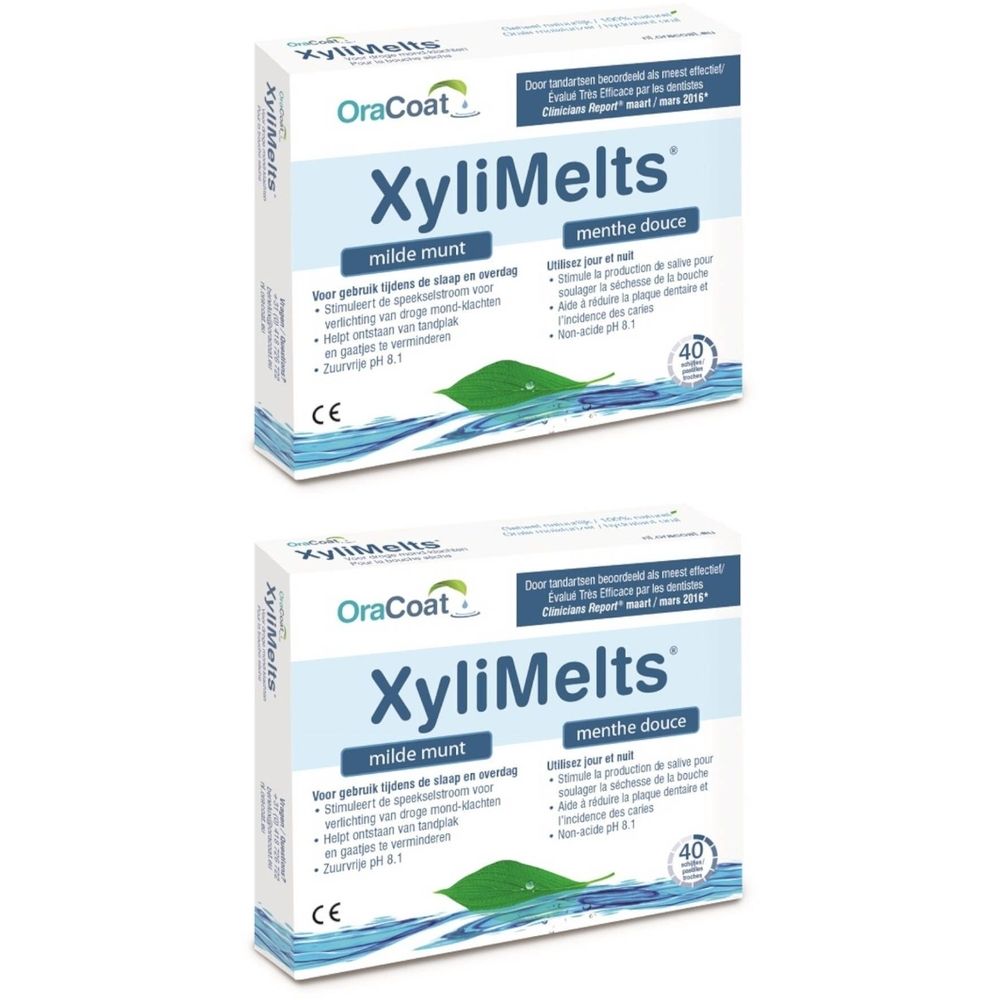 Deux boîtes de XyliMelts, menthe douce. Emballage blanc avec texte bleu et logo. Contient 40 comprimés.