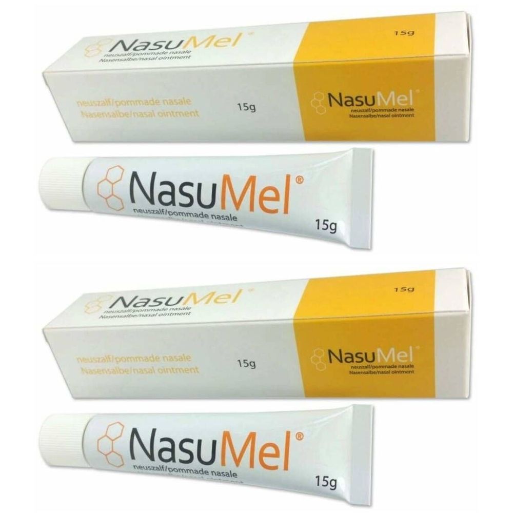 Deux tubes et deux boîtes de Nasumel. Inscription NasuMel et 15g. Neutrofil/pommade nasale.