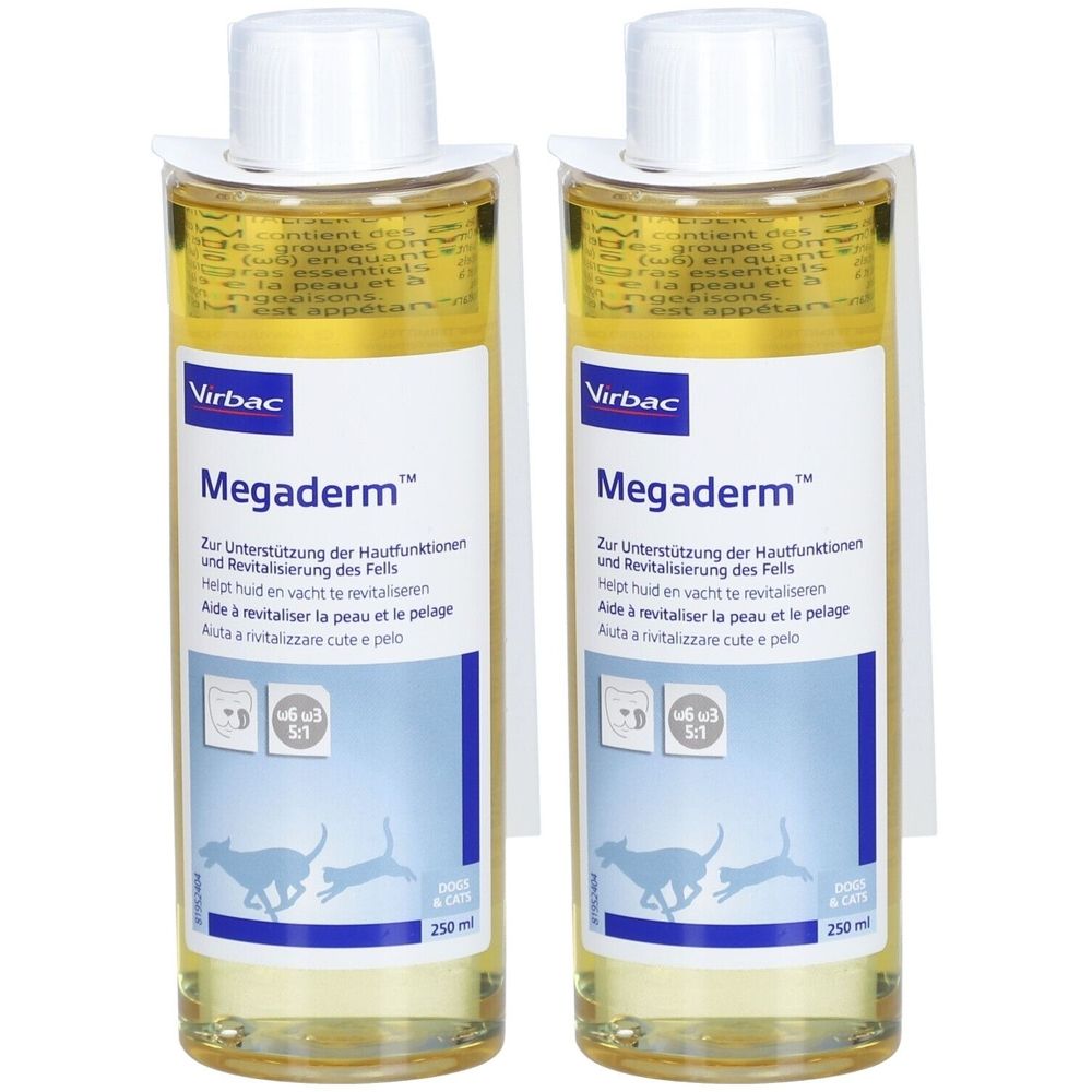 Deux flacons de Virbac Megaderm. Étiquettes avec nom et texte du produit. Liquide jaune. 250 ml.