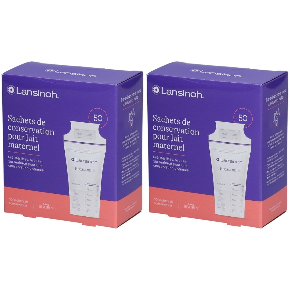 Deux boîtes violettes avec l'inscription "Lansinoh Sachets de conservation pour lait maternel". Inscription "50".