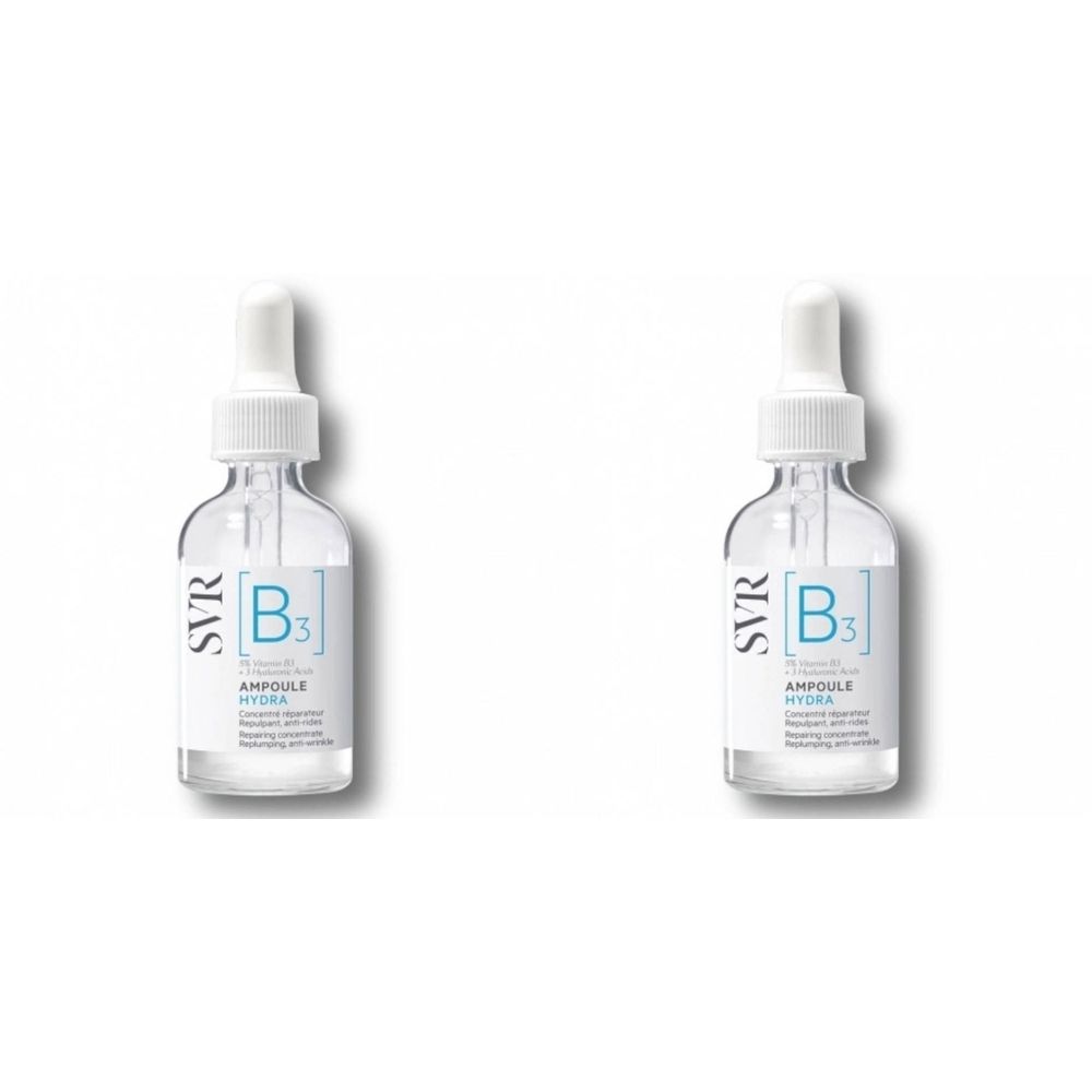 Deux flacons transparents avec bouchon blanc et pipette. Inscription SVR, B3 et Ampoule Hydra.