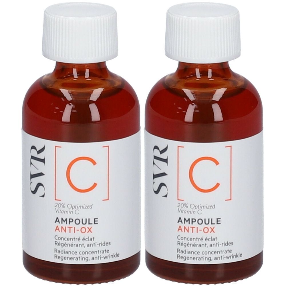 Deux flacons en verre contenant un liquide ambré. Étiquette blanche avec texte SVR [C] Ampoule Anti-Ox.