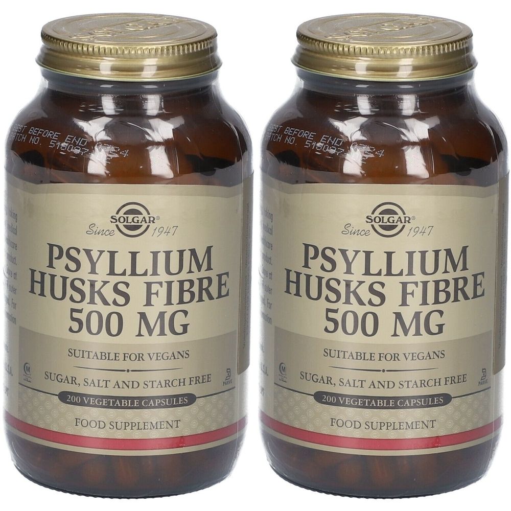 Deux flacons en verre brun avec des couvercles dorés. Les étiquettes indiquent "Solgar Psyllium Husks Fibre 500 mg".