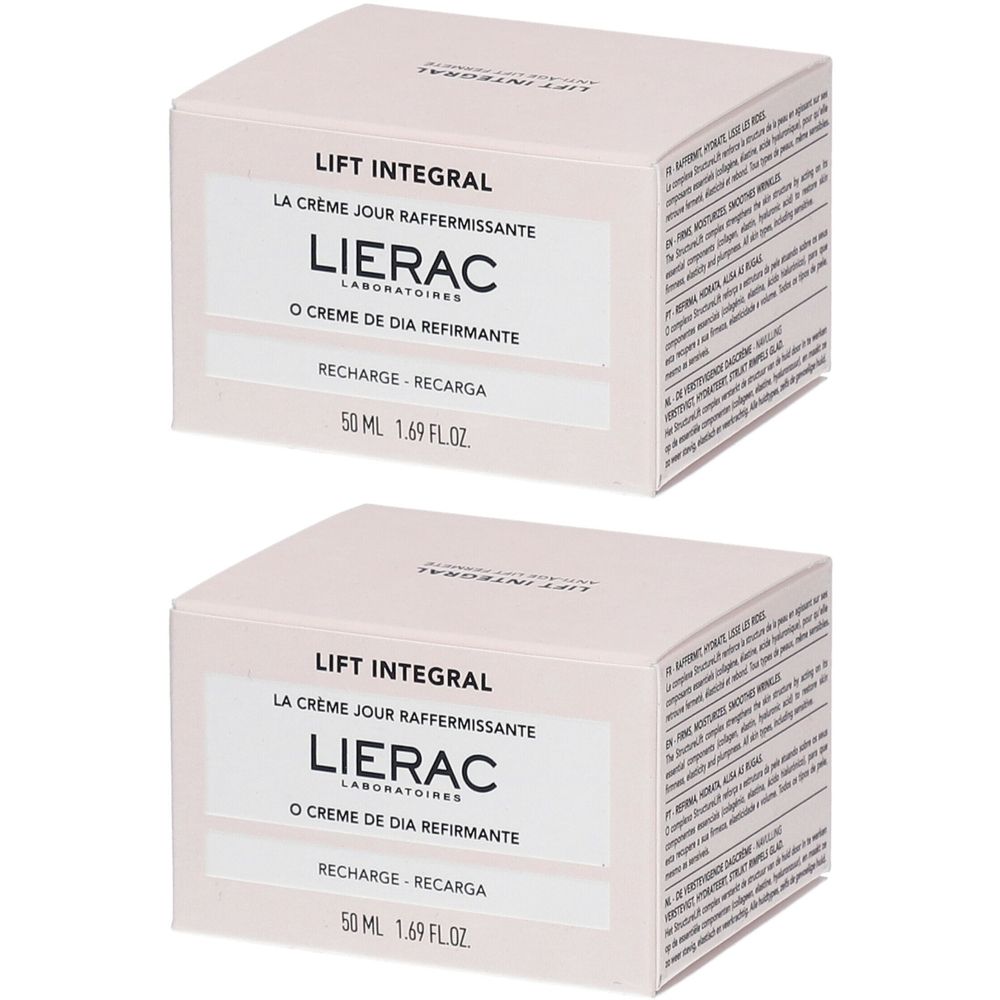 Deux boîtes rectangulaires. Sur le devant, on lit "LIFT INTEGRAL" et "LIERAC". En bas, "50 ML 1.69 FL.OZ".