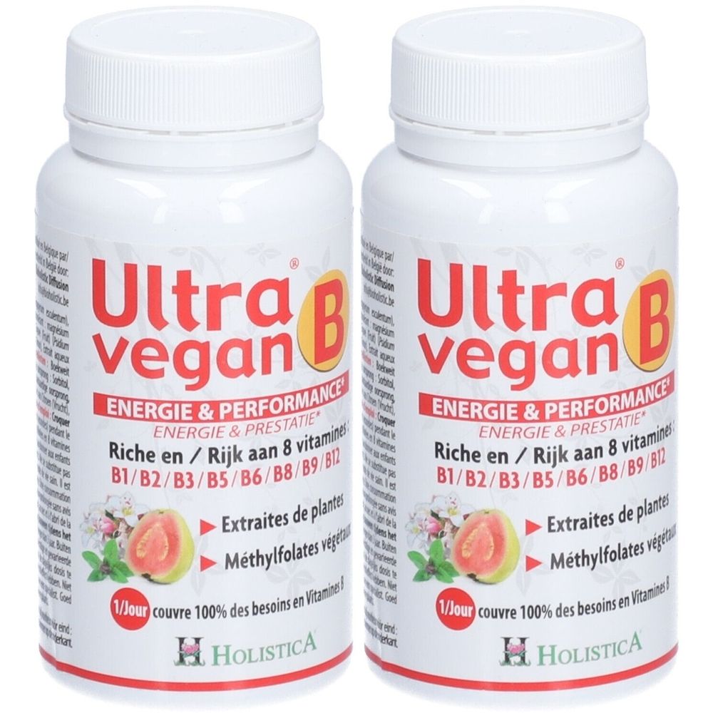 Deux flacons blancs avec étiquettes rouges et jaunes. Inscription : Ultra Vegan B, Energie & Performance. Marque : HOLISTICA.