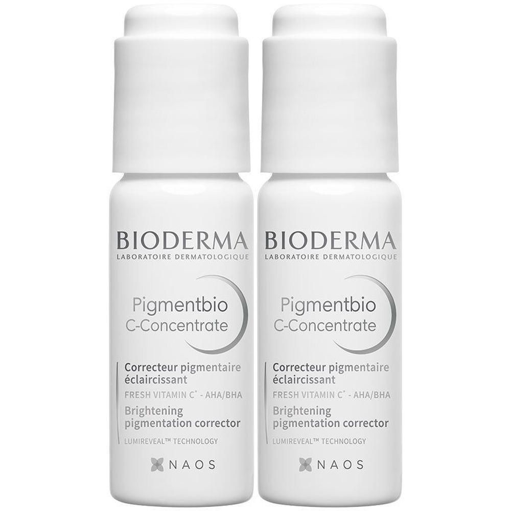 Deux flacons blancs avec bouchons blancs. Inscription: BIODERMA, Pigmentbio C-Concentrate, Correcteur pigmentaire éclaircissant.