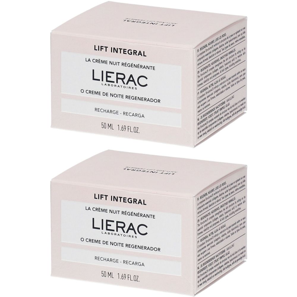Deux boîtes rectangulaires. Sur le devant, "LIFT INTEGRAL" et "LIERAC". En bas, "50 ML 1.69 FL.OZ".