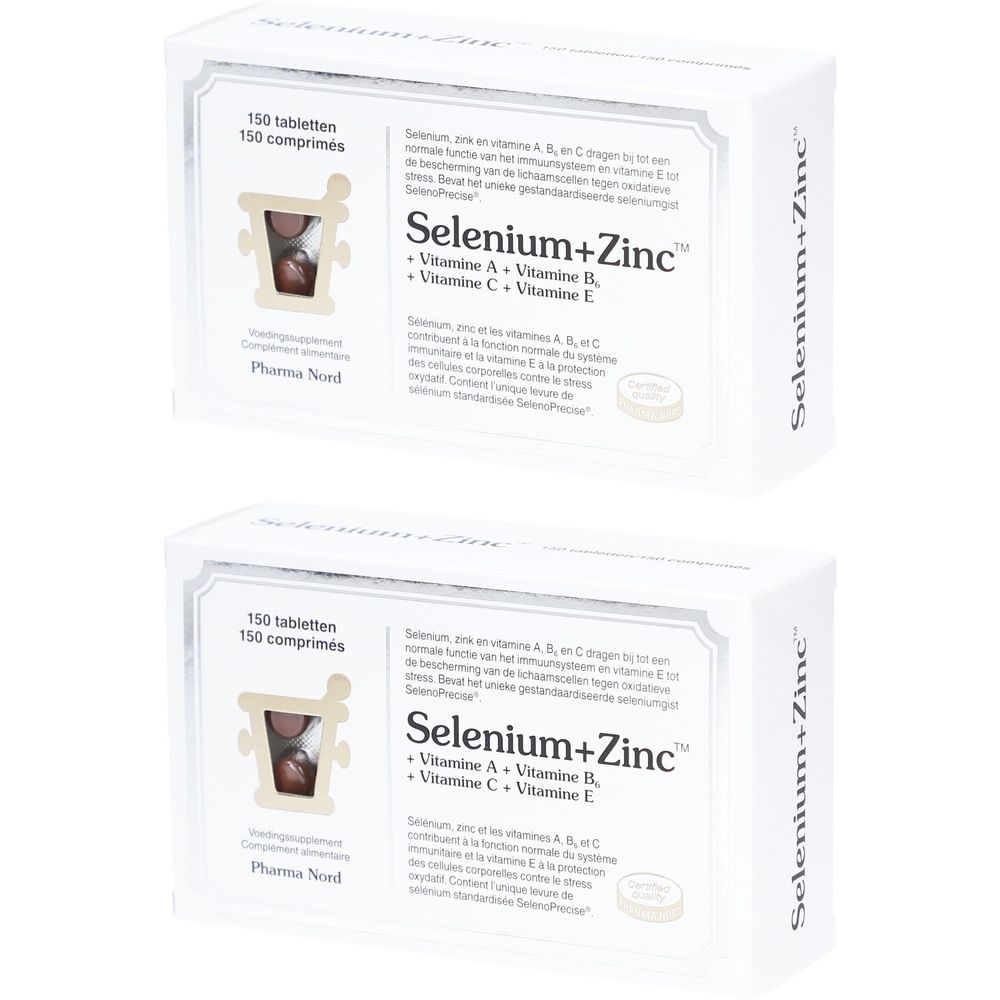 Deux boîtes de compléments alimentaires "Selenium+Zinc". Inscription: Vitamine A, B, C, E. Marque: Pharma Nord. 150 comprimés.