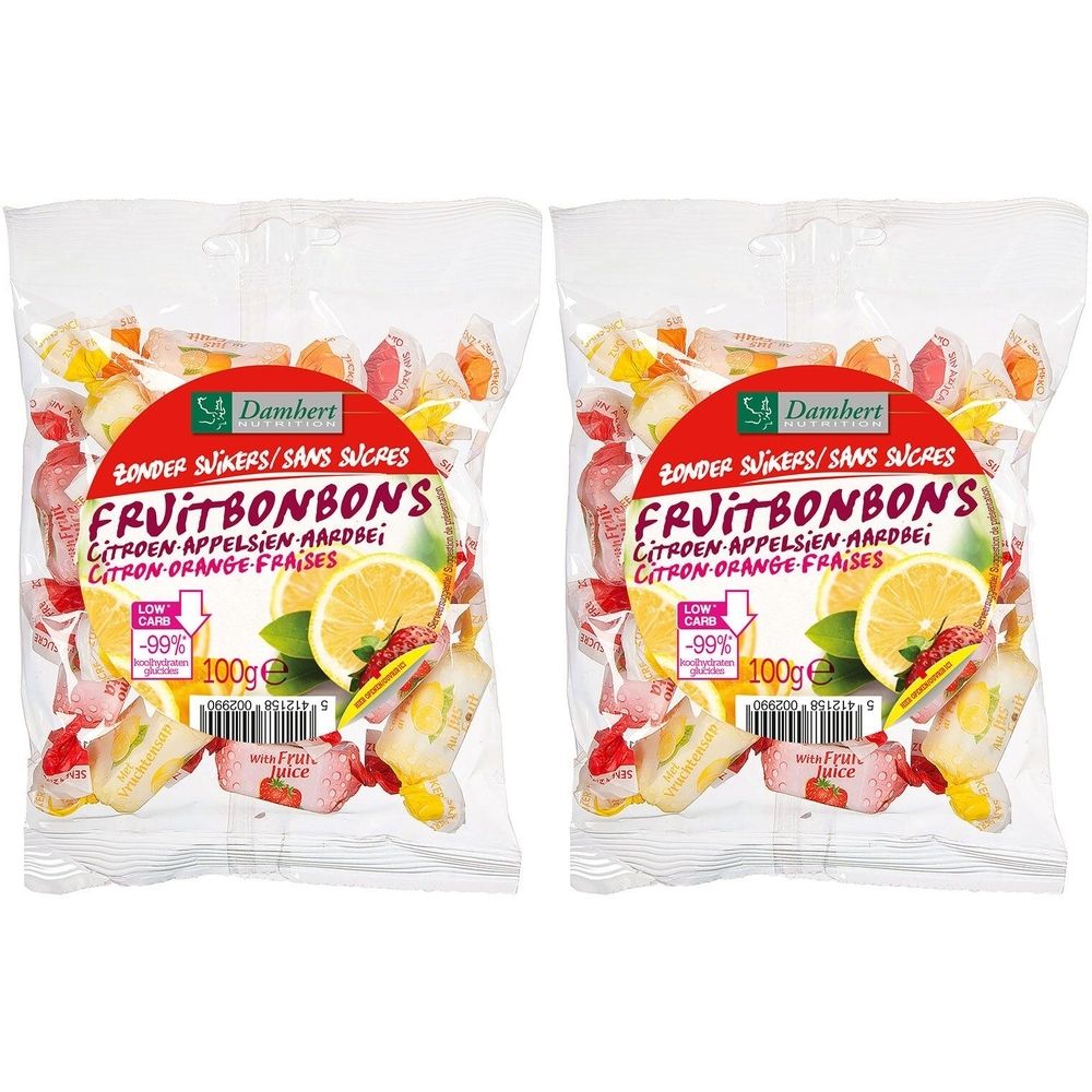 Deux sachets de bonbons aux fruits Damhert sans sucre. Inscription : citron, orange, fraise. Emballage avec illustrations de fruits et logo.