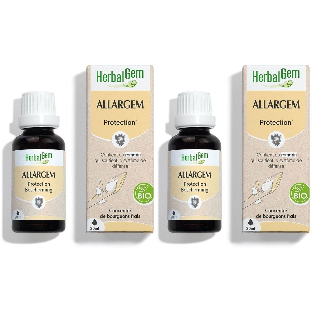 Trois flacons et emballages. Inscription: HerbalGem ALLARGEM Protection. Certification Bio. Concentré de bourgeons frais.