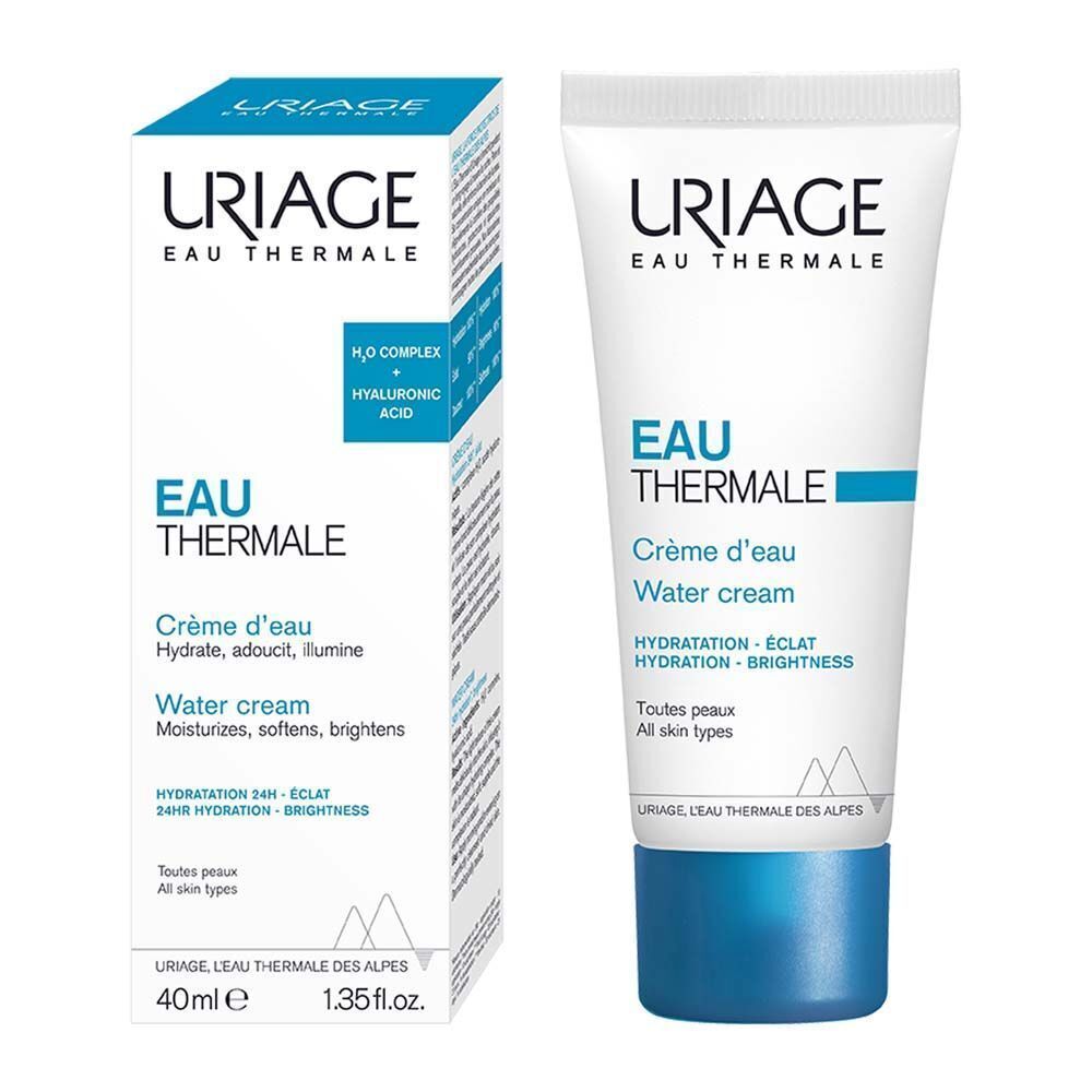 Uriage Eau Thermale Water Cream et emballage. Blanc, texte bleu et bouchon. Texte: Crème d'eau, Water cream.