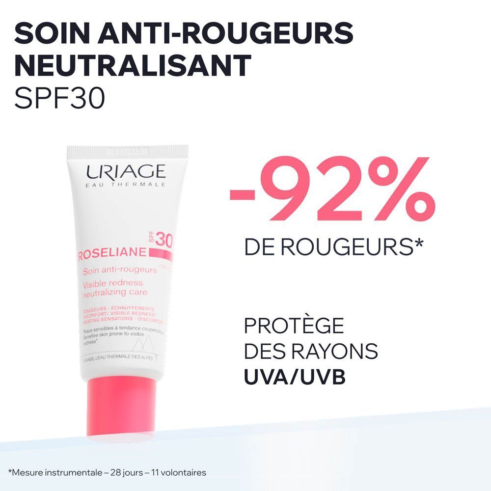 Tube de crème Uriage Roséliane, blanc avec bouchon rouge. Texte: -92% rougeurs, protection UVA/UVB.