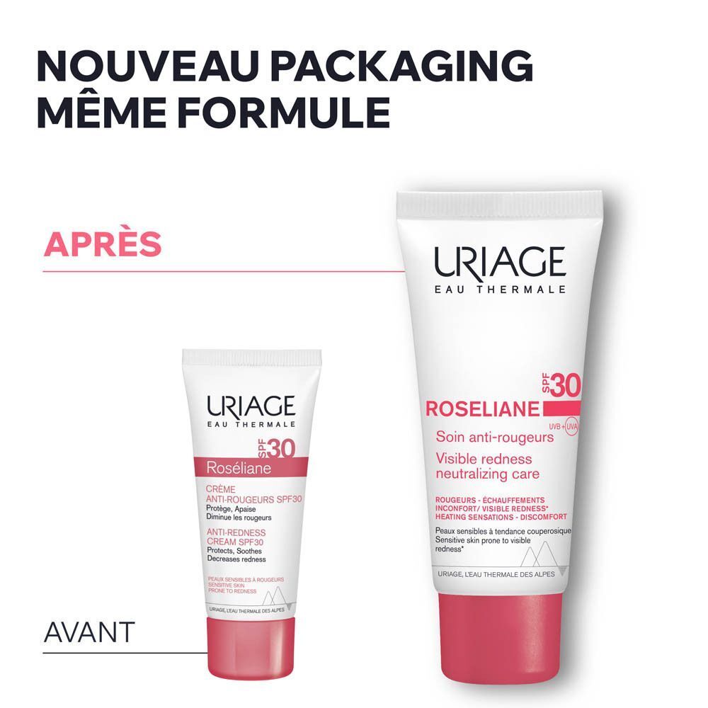 Comparaison avant-après. Tube de crème Uriage Roséliane, blanc avec bouchon rouge.