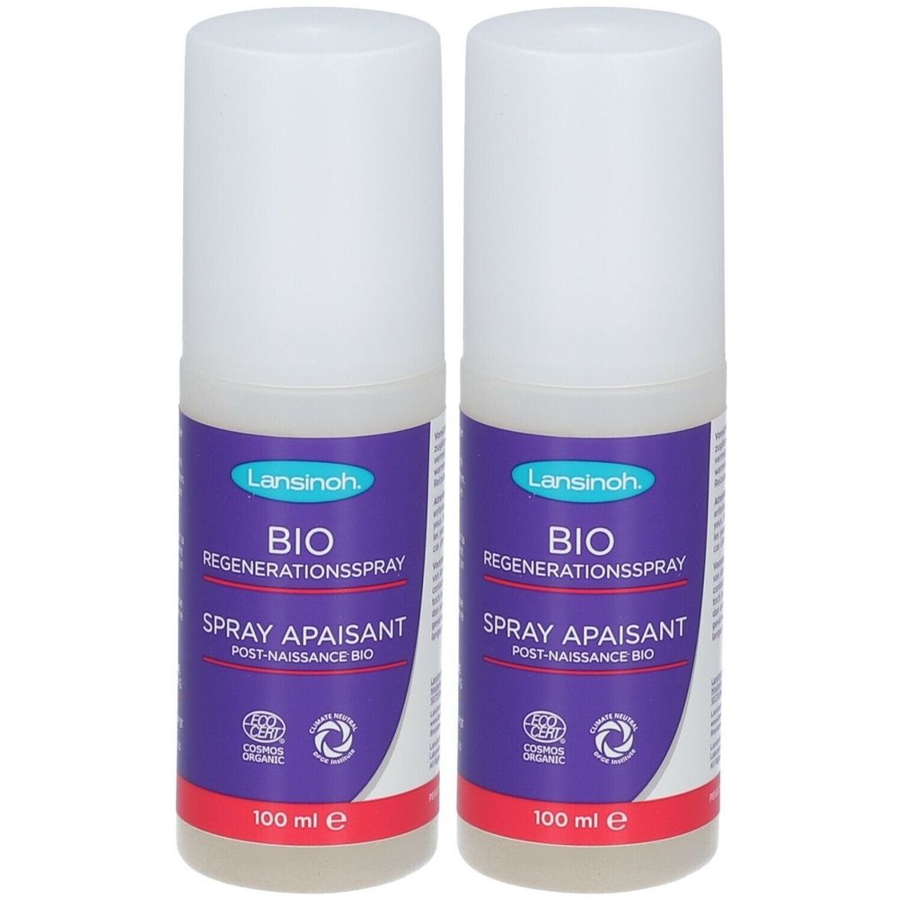 Deux flacons de spray avec bouchon blanc et étiquette violette. Texte: BIO Spray Apaisant Post-Naissance Bio. Contenance 100 ml.