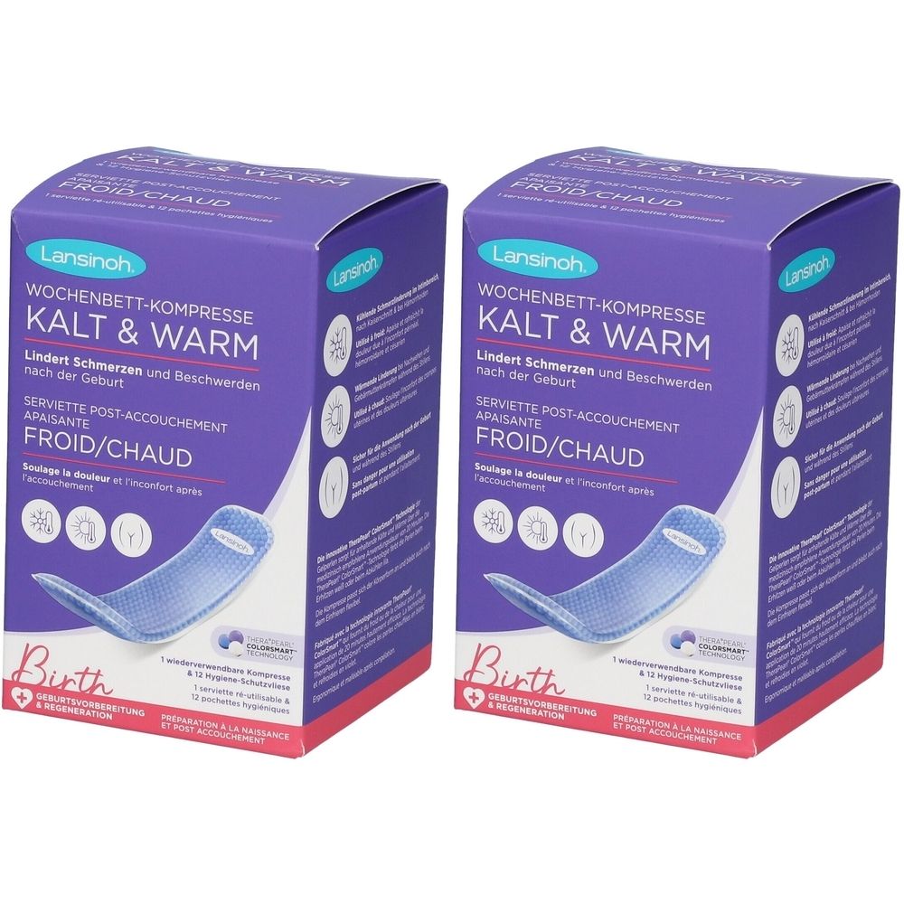 Deux boîtes de produit. Emballage violet avec logo et texte. Serviette post-accouchement apaisante froid/chaud.