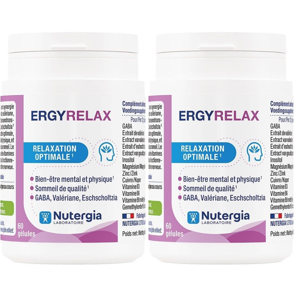 Deux flacons blancs "ERGYRELAX". Inscription "Relaxation optimale". Marque Nutergia. Contient 60 gélules.