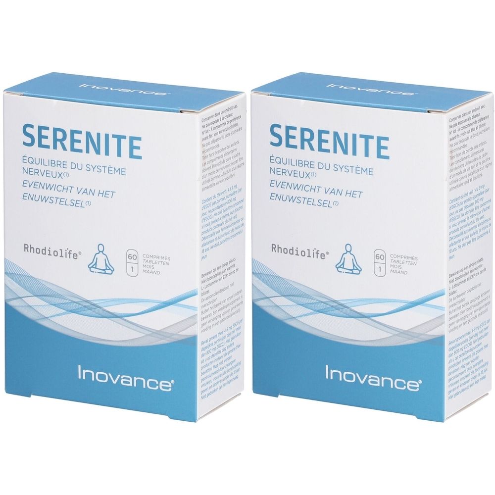 Deux boîtes de Inovance® Serenité. Inscription : Serenité, équilibre du système nerveux. Contient 60 comprimés. Marque Rhodiolife.