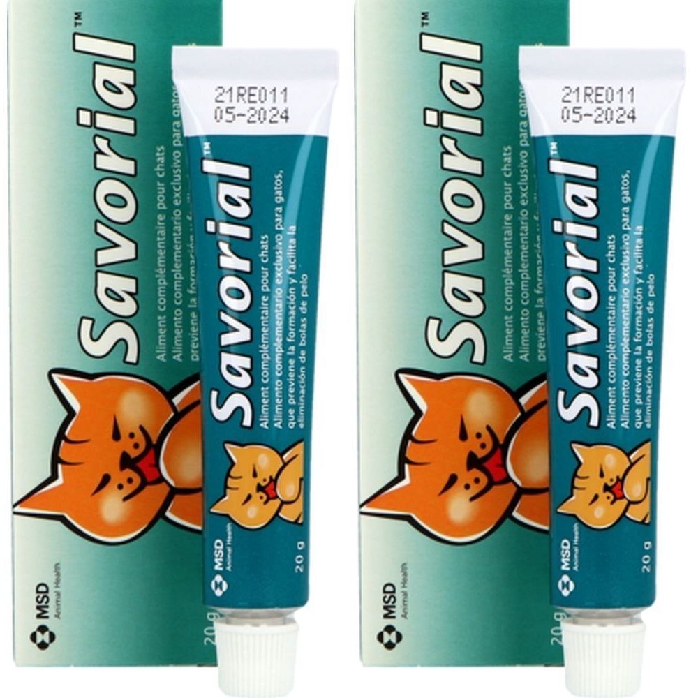 Deux tubes de Savorial™ Pâte orale Chat. Tube bleu, bouchon blanc, emballage vert. Texte : Savorial, 20 g, MSD.