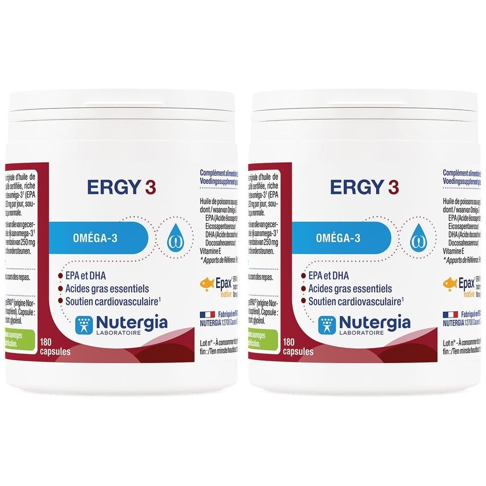 Deux boîtes blanches avec "ERGY 3" et "OMÉGA-3". Inscription "EPA et DHA" et "Acides gras essentiels". Contient 180 capsules.