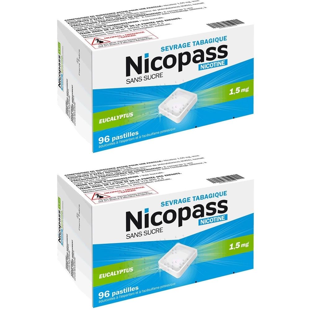 Deux boîtes de Nicopass, 96 pastilles, 1,5 mg. Inscription: SEVRAGE TABAGIQUE, SANS SUCRE, EUCALYPTUS, NICOTINE.
