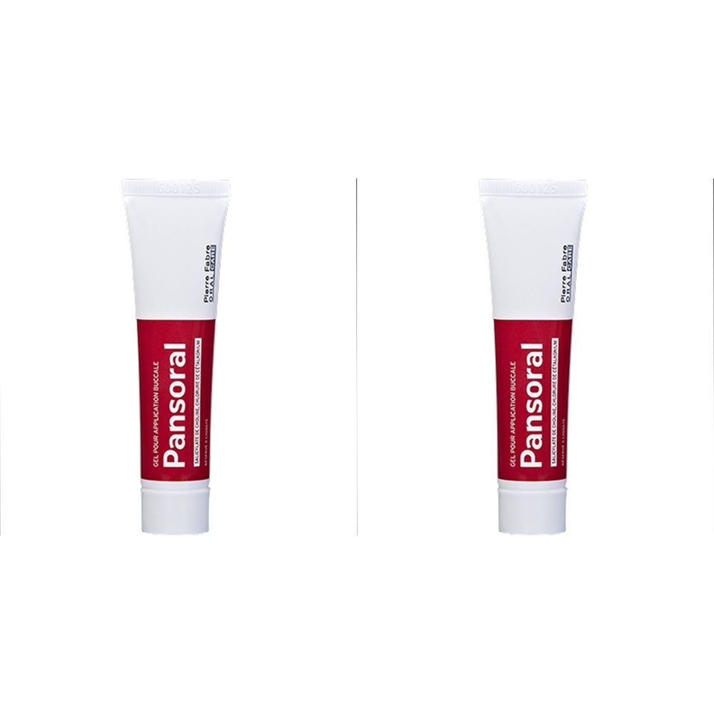 Deux tubes avec tête blanche et partie centrale rouge. Inscription : Pansoral. Gel pour application buccale.