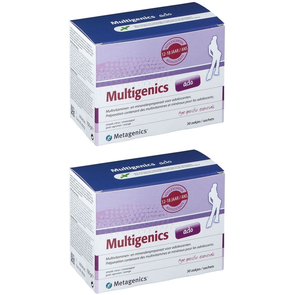 Deux boîtes de Multigenics ado. Emballage bleu et blanc avec nom et logo du produit. Contient 30 sachets. Pour adolescents de 12 à 18 ans.