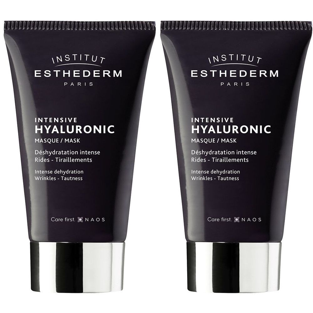 Deux tubes noirs. Inscription: INSTITUT ESTHEDERM PARIS, INTENSIVE HYALURONIC, MASQUE/MASK. Texte en français et anglais.