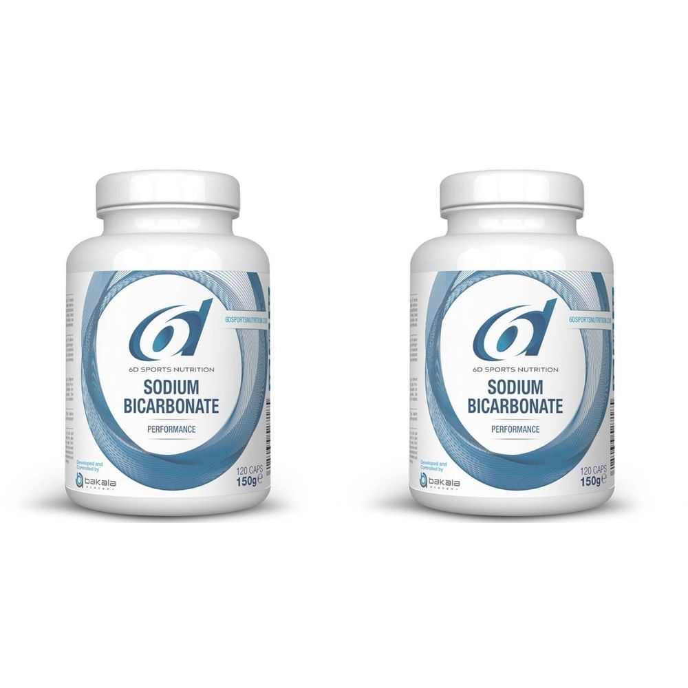 Deux flacons blancs avec bouchons à vis. L'étiquette indique "6D SPORTS NUTRITION Sodium Bicarbonate".