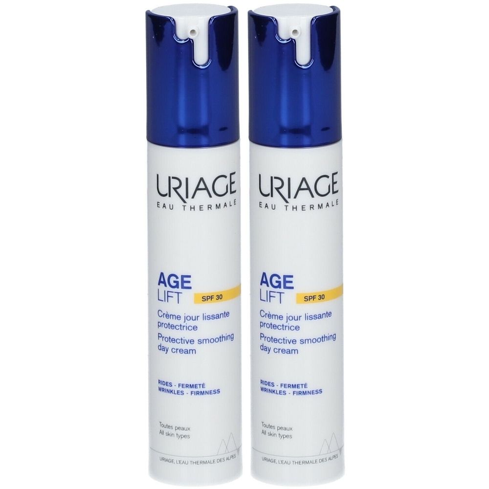 Deux flacons blancs avec bouchon bleu. Inscription : URIAGE, AGE LIFT SPF 30, Crème jour lissante protectrice, Protective smoothing day cream.