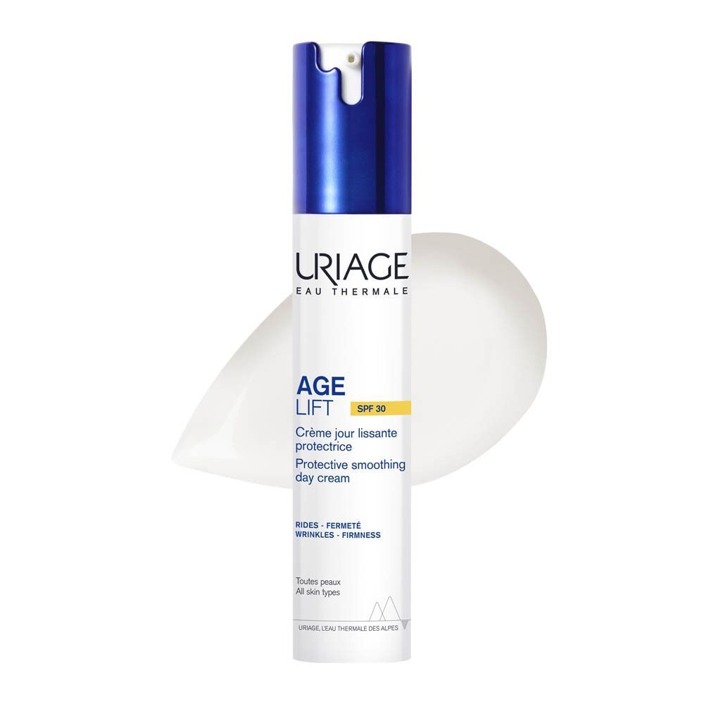 Crème de jour Uriage Age Lift, crème blanche appliquée sur la peau. SPF30.