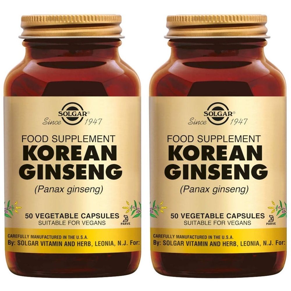 Deux flacons de Solgar Korean Ginseng. Flacons en verre brun avec bouchons dorés et étiquettes avec informations.