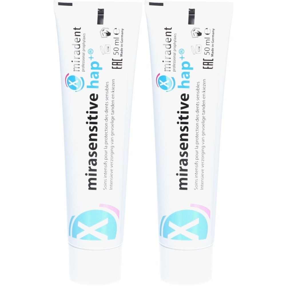 Deux tubes de dentifrice. Inscription: Miradent mirasensitive hap+. 50 ml. Pour dents sensibles.