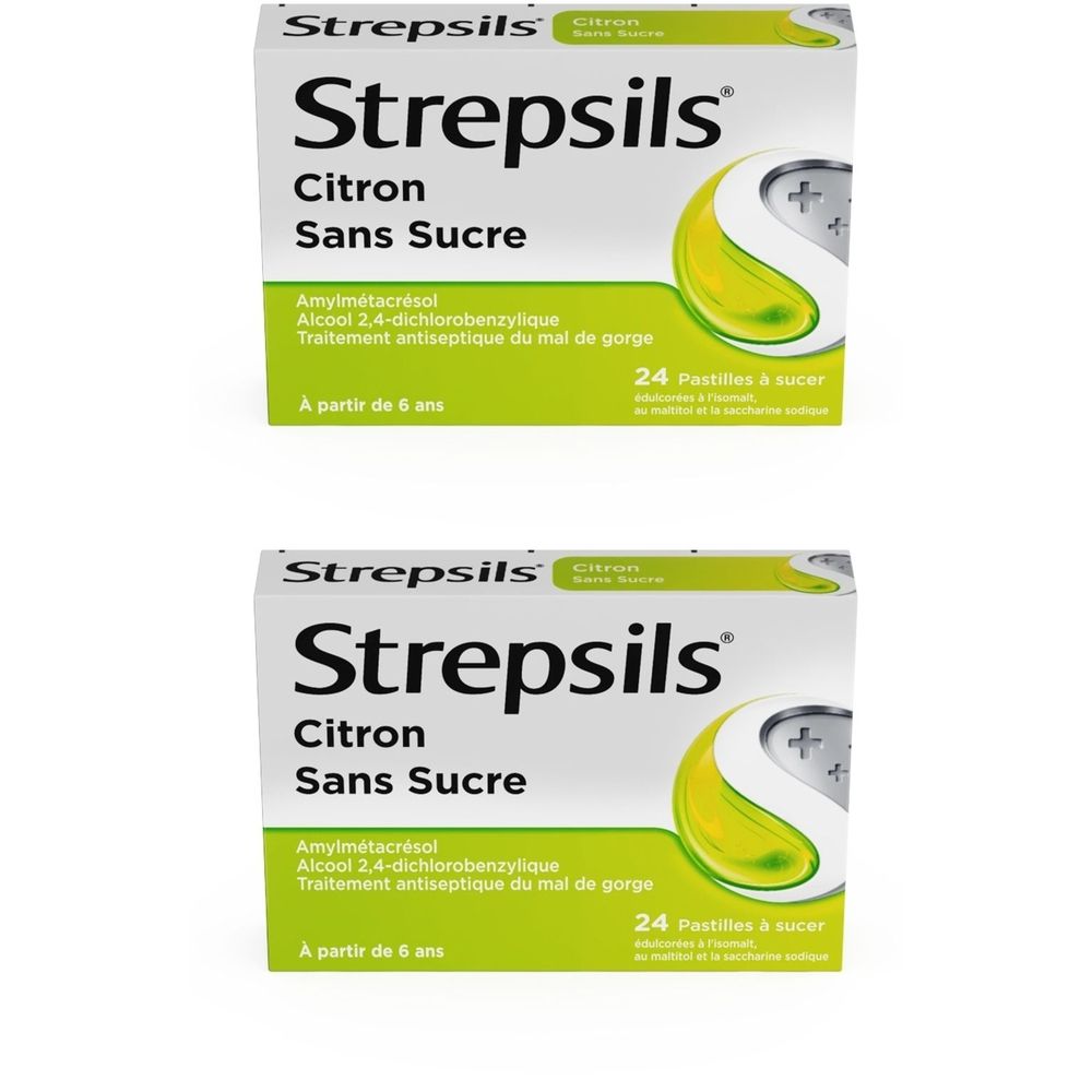 Deux boîtes de Strepsils Citron Sans Sucre. Inscription : 24 pastilles, à partir de 6 ans. Emballage vert et blanc.