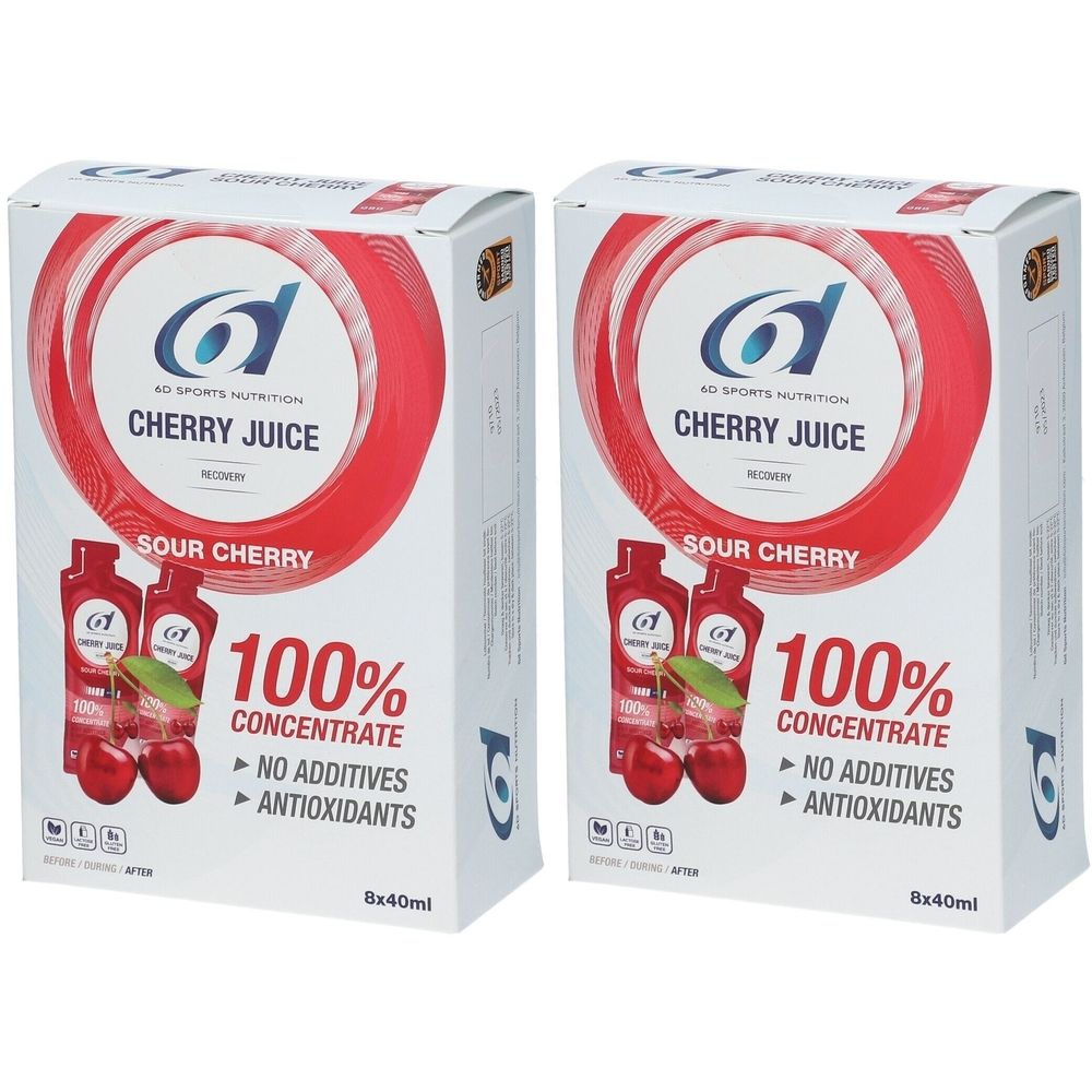 Deux boîtes de 6D Sports Nutrition Cherry Juice. Inscription : Cherry Juice, 100% concentré, sans additifs, antioxydants.
