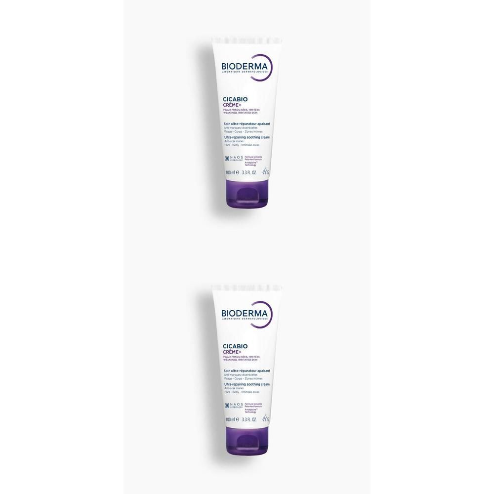 Deux tubes de crème. Inscription: BIODERMA, Cicabio Crème+, Soin ultra-réparateur apaisant. Crème blanche, bouchon violet.
