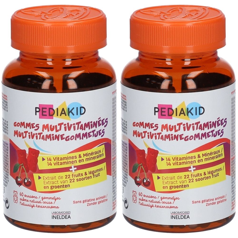 Deux flacons avec bouchons orange. L'étiquette indique PEDIAKID Gommes Multivitaminées. Contient 14 vitamines et minéraux.
