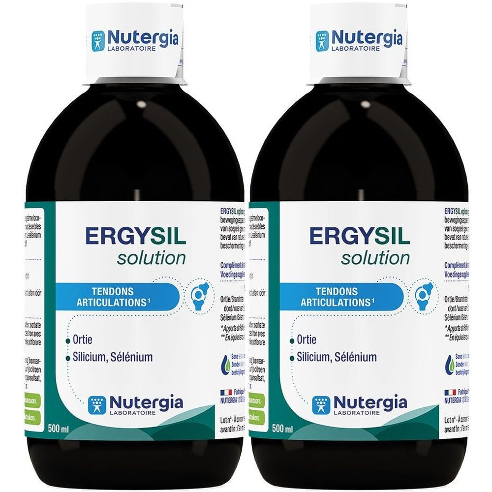 Deux flacons de liquide noir. Inscription : Ergysil solution, Tendons Articulations, Nutergia Laboratoire. 500 ml.