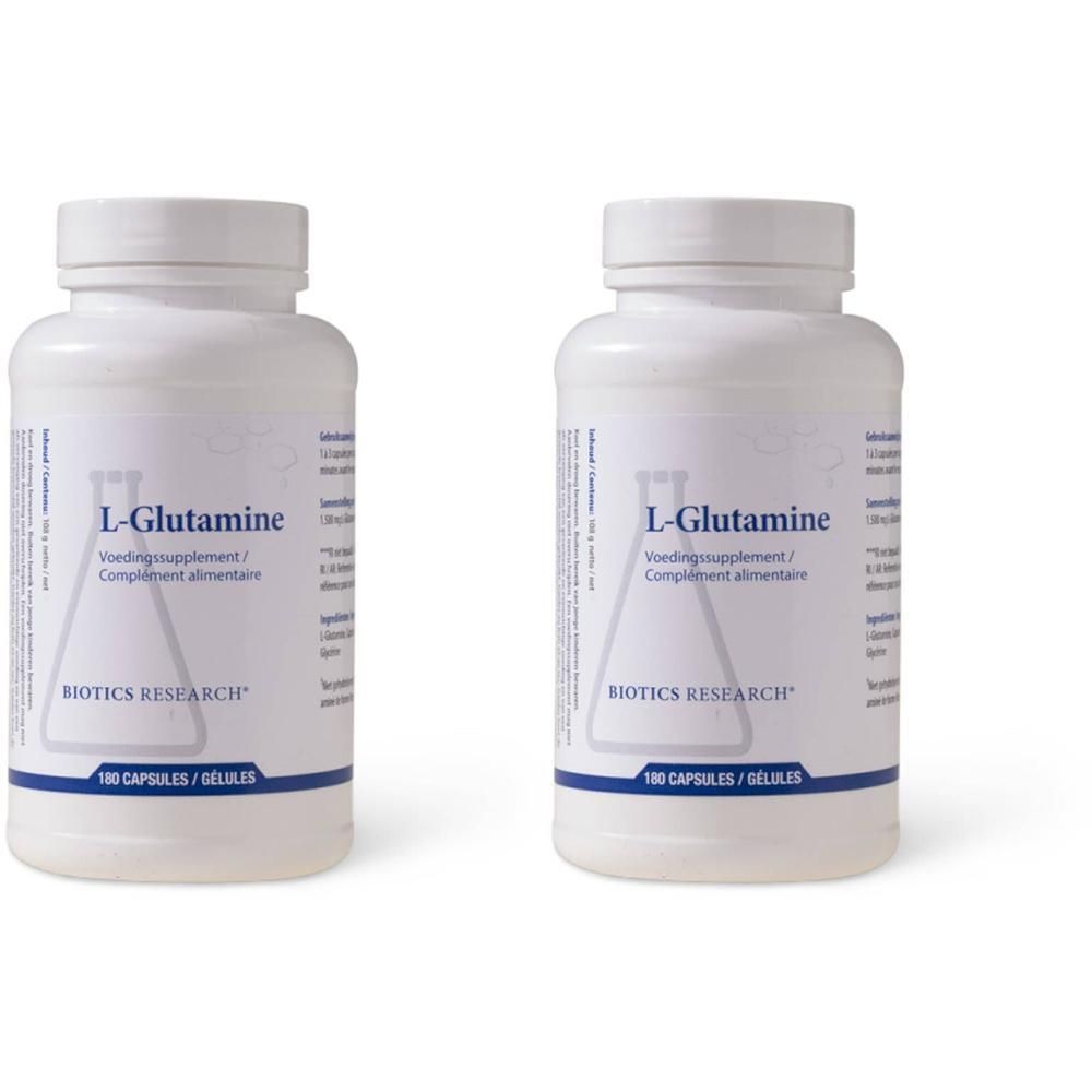 Deux bouteilles blanches de L-Glutamine par Biotics Research, 100 gélules par bouteille.