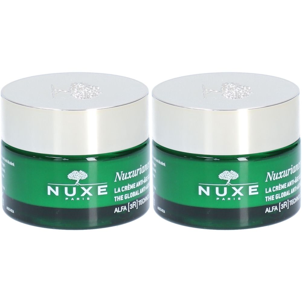 Deux pots verts avec couvercles argentés. Inscription "NUXE PARIS" et "Nuxuriance" sur les pots.